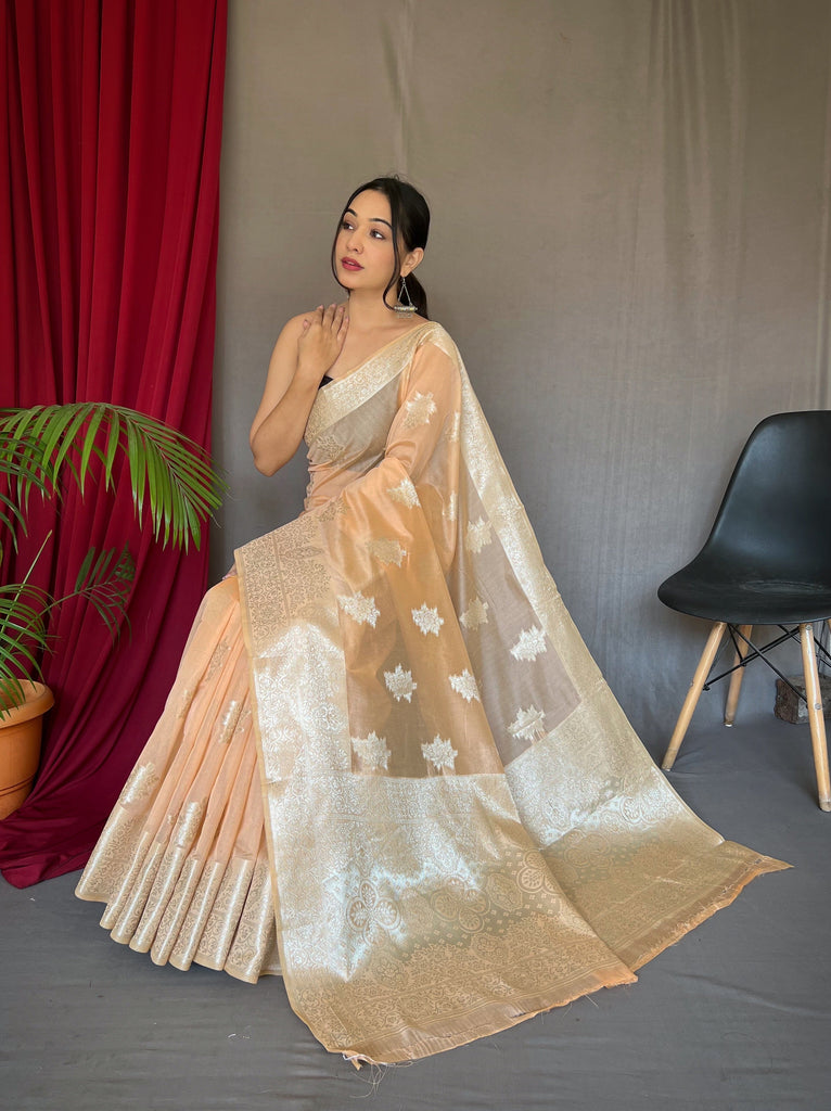 Saanvi Cotton Rose Gold Woven Saree Peach Clothsvilla