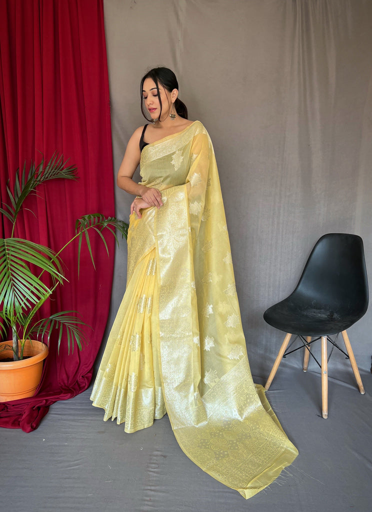 Saanvi Cotton Rose Gold Woven Saree Yellow Clothsvilla