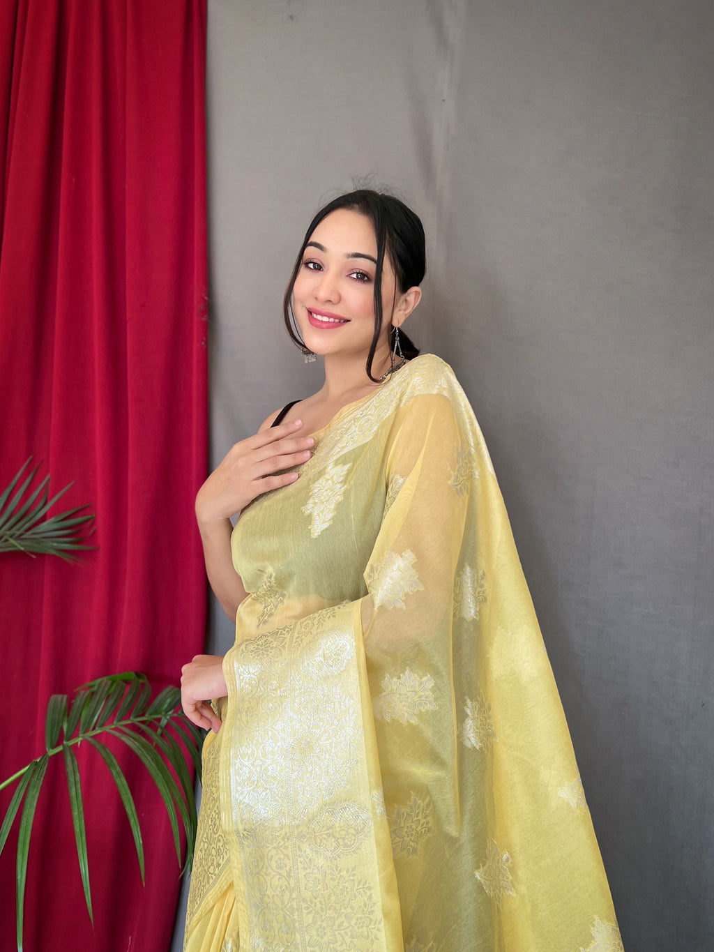 Saanvi Cotton Rose Gold Woven Saree Yellow Clothsvilla