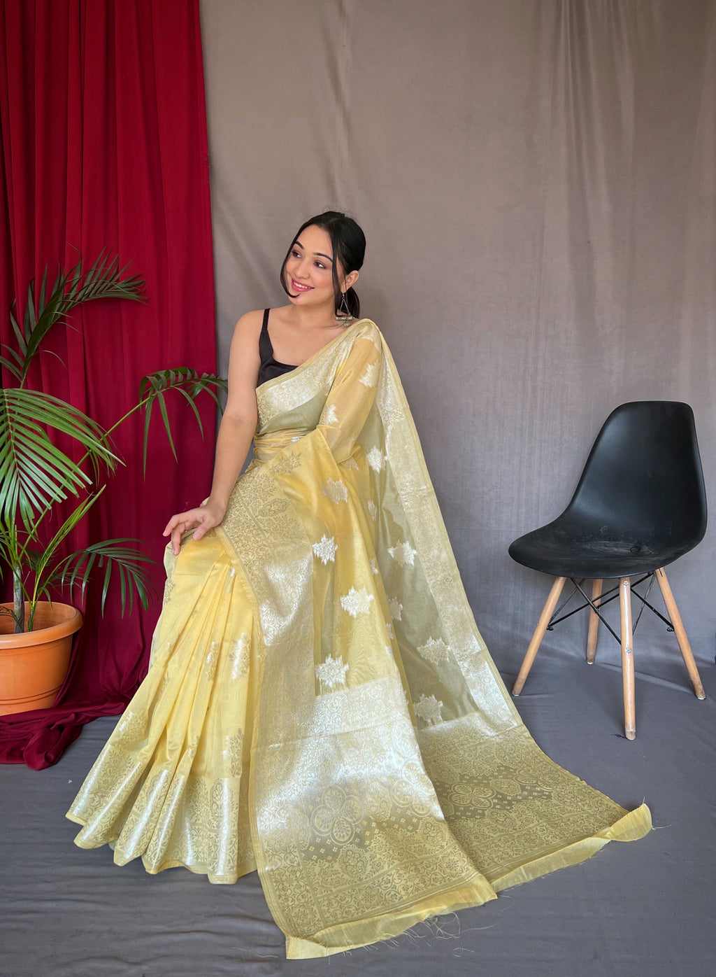 Saanvi Cotton Rose Gold Woven Saree Yellow Clothsvilla