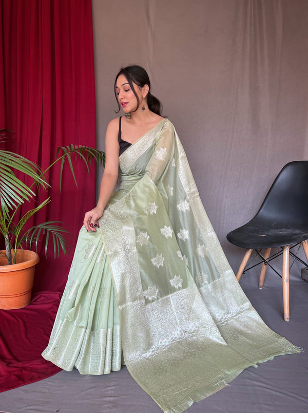 Saanvi Cotton Rose Gold Woven Saree Pastel Green Clothsvilla