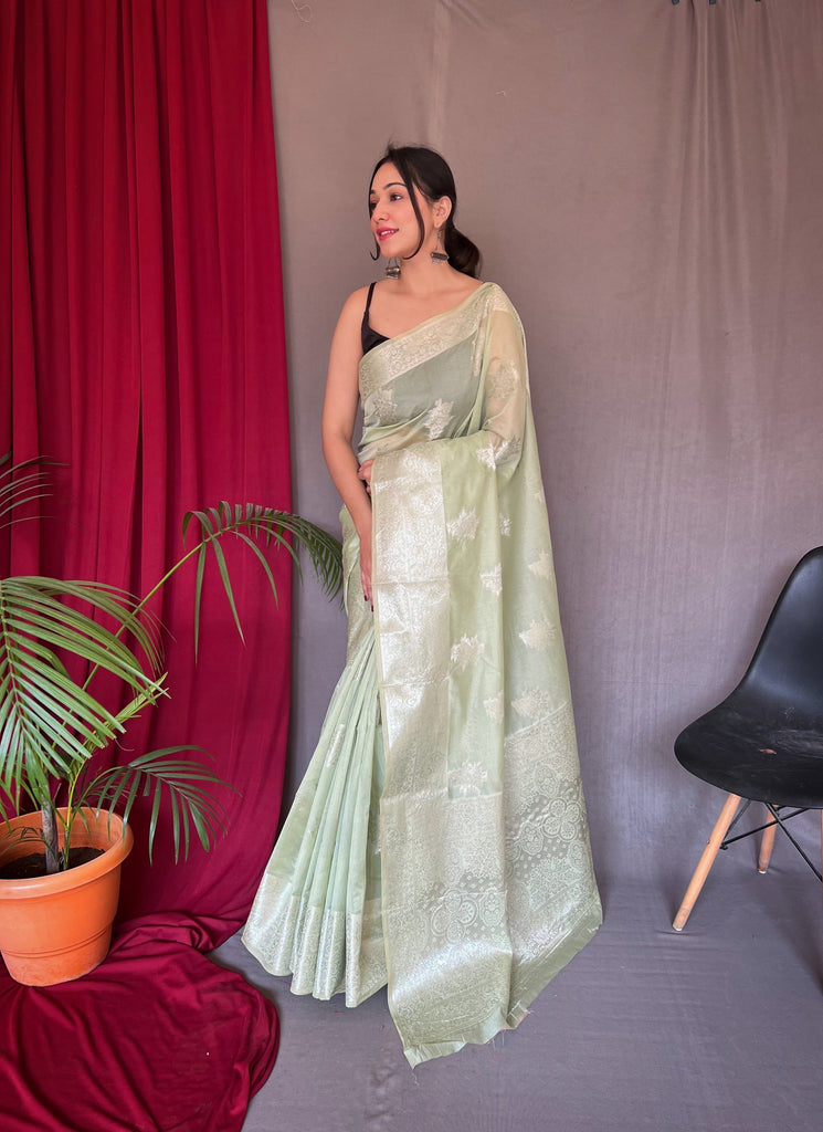 Saanvi Cotton Rose Gold Woven Saree Pastel Green Clothsvilla