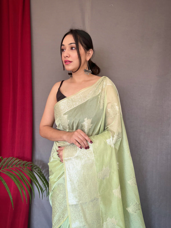 Saanvi Cotton Rose Gold Woven Saree Pastel Green Clothsvilla