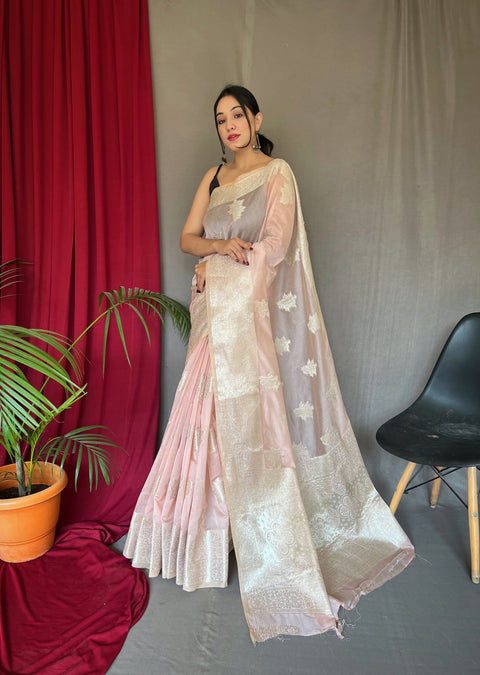 Saanvi Cotton Rose Gold Woven Saree Pastel Pink Clothsvilla Main image