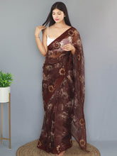 Load image into Gallery viewer, Organza Digital Floral Printed with Embroidered Work Saree Cocoa Bean Clothsvilla