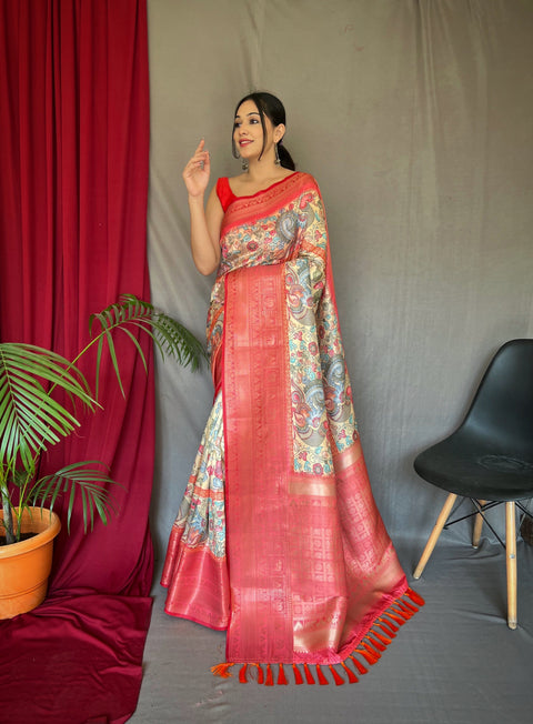 Chitrakala Banarasi Silk Woven Saree with Kalamkari Prints Ivory Cream Clothsvilla Main image