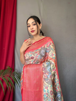 Chitrakala Banarasi Silk Woven Saree with Kalamkari Prints Ivory Cream Clothsvilla