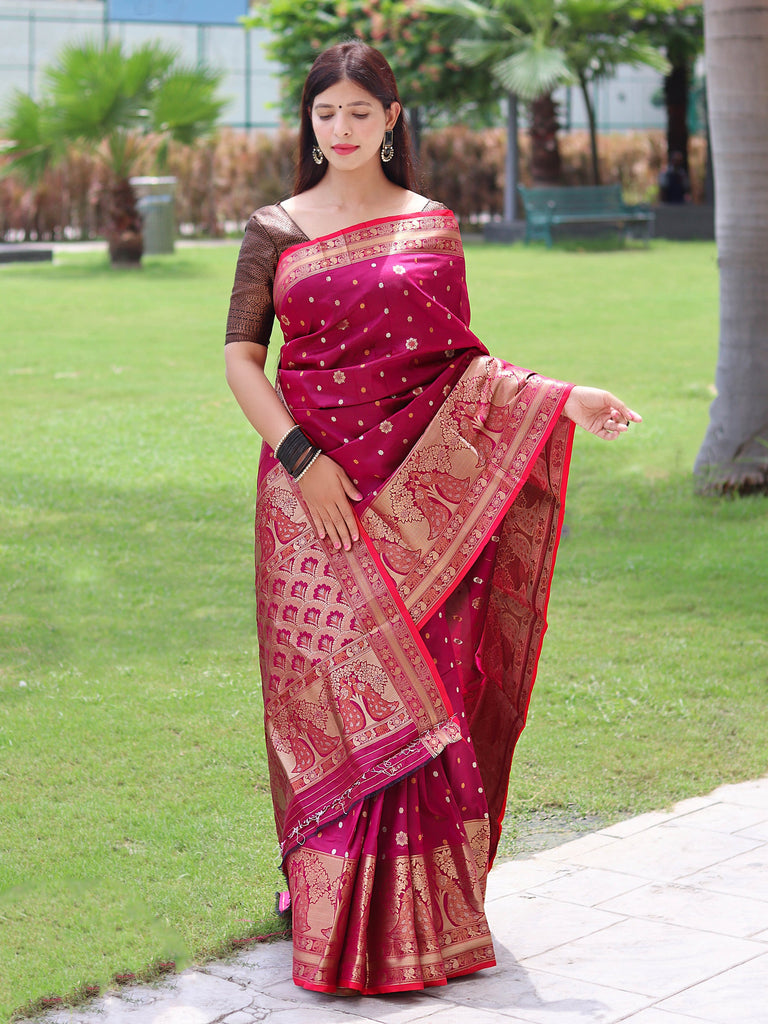 Sangam Soft Silk Saree Three Colored Zari Woven Saree Royal Fuchsia Pink Clothsvilla
