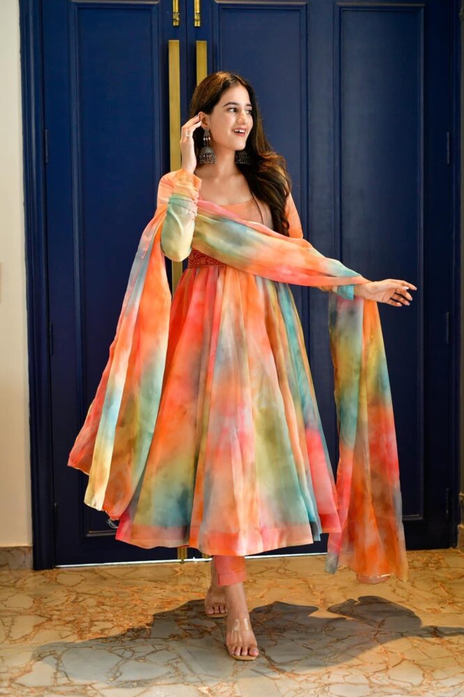 Multi Color Shibori Print Organza Silk Gown Clothsvilla