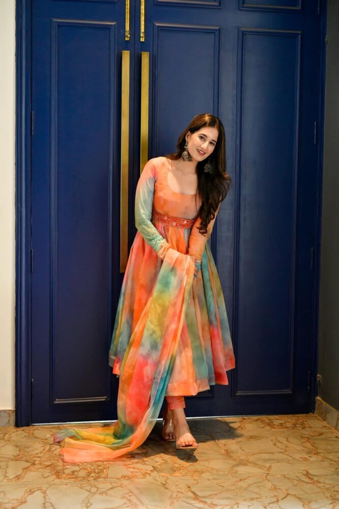 Multi Color Shibori Print Organza Silk Gown Clothsvilla