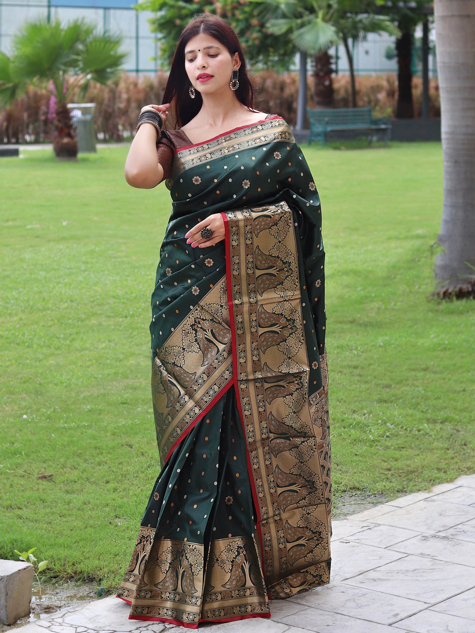 Sangam Soft Silk Saree Three Colored Zari Woven Saree Dark Green Clothsvilla