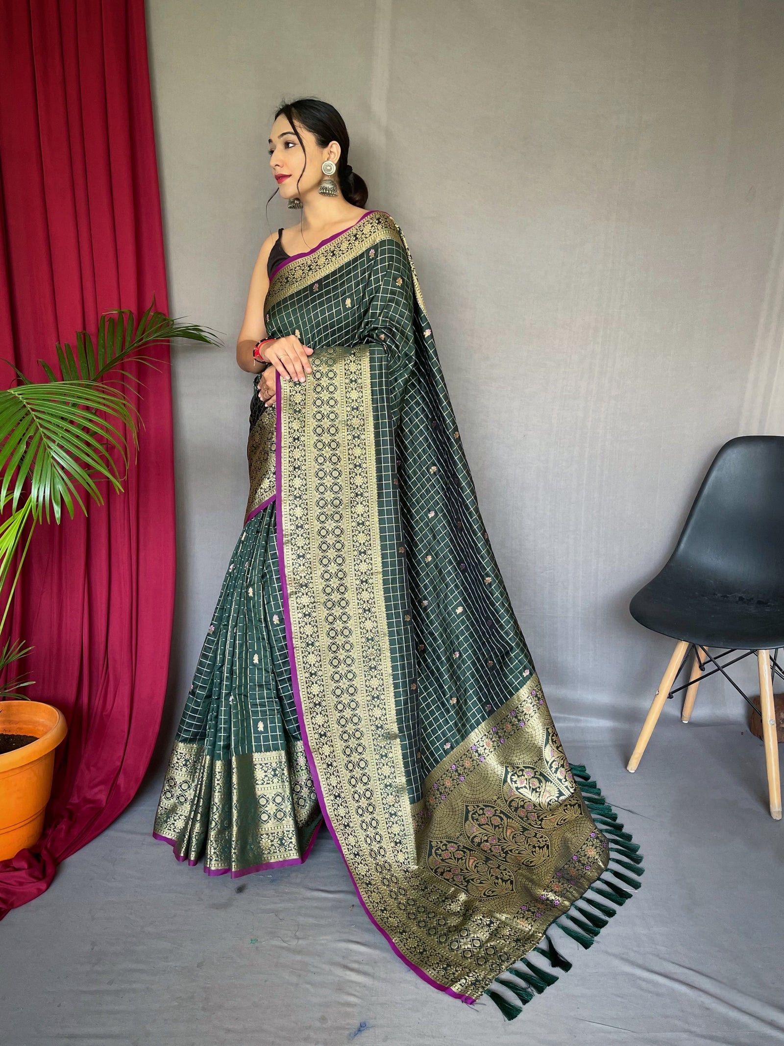 Kalindi Soft Silk Checks Woven Saree Dark Green Clothsvilla