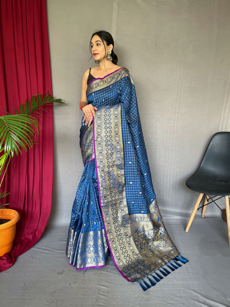 Kalindi Soft Silk Checks Woven Saree Dusk Blue Clothsvilla