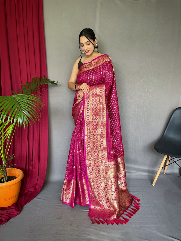 Kalindi Soft Silk Checks Woven Saree Hibiscus Pink Clothsvilla