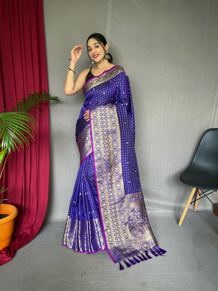 Kalindi Soft Silk Checks Woven Saree Violet Blue Clothsvilla