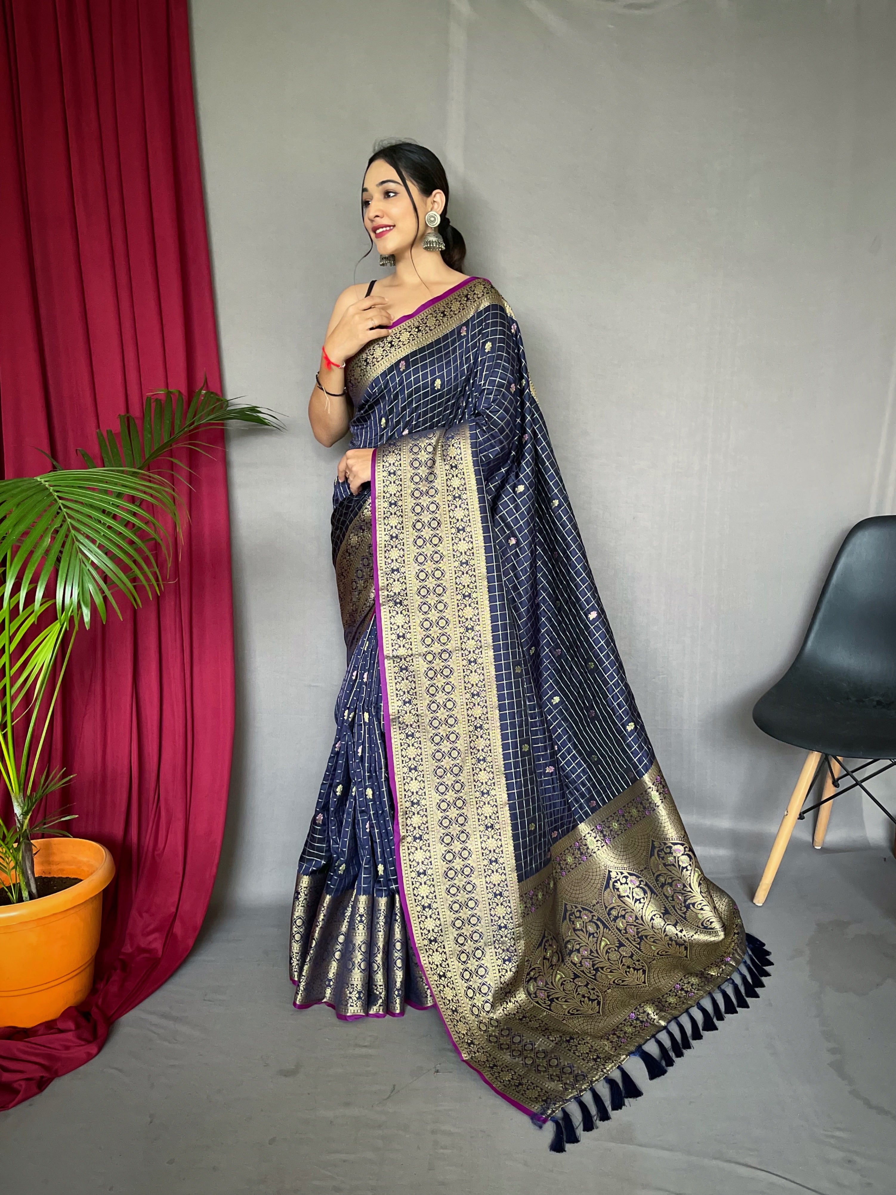 Kalindi Soft Silk Checks Woven Saree Dark Blue Clothsvilla