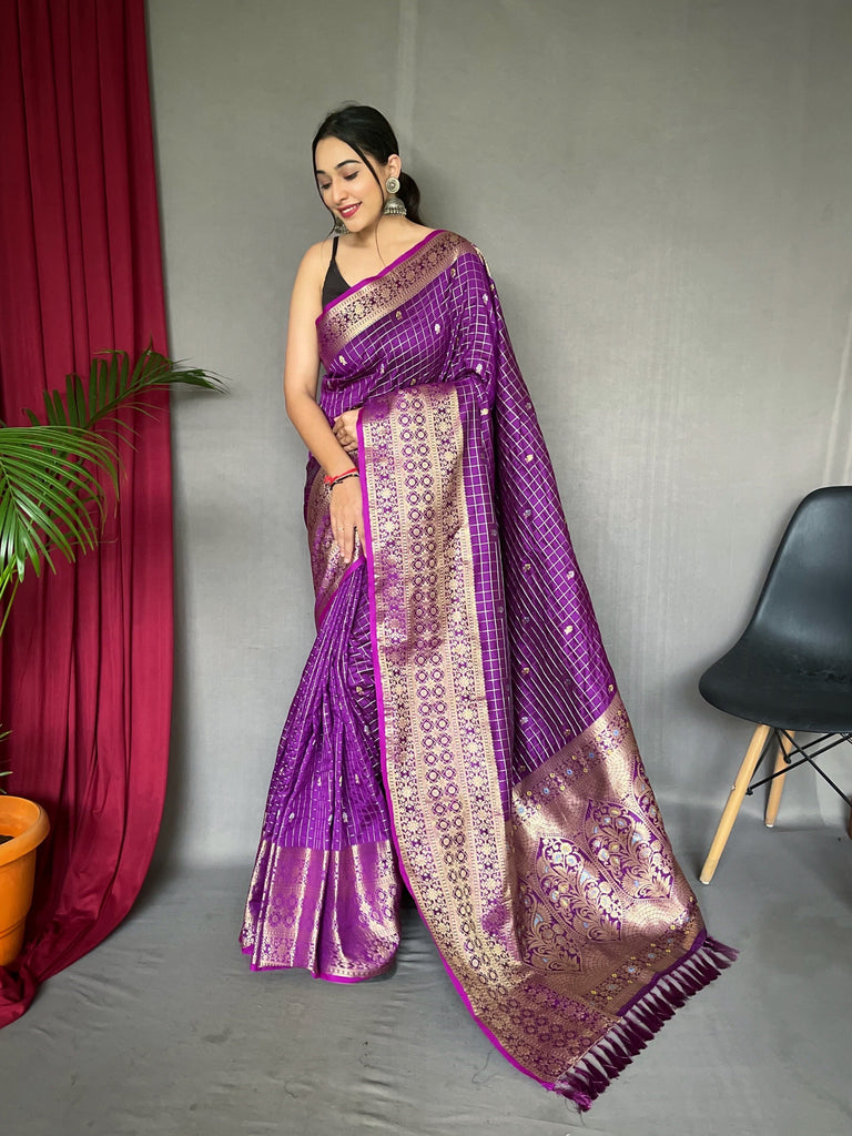 Kalindi Soft Silk Checks Woven Saree Purple Jam Clothsvilla