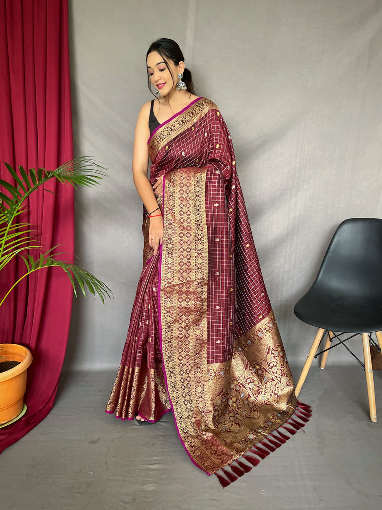 Kalindi Soft Silk Checks Woven Saree Brown Clothsvilla