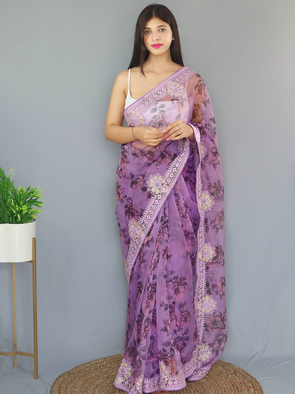 Organza Digital Floral Printed with Embroidered Work Saree Dusty Lavender Clothsvilla Main image