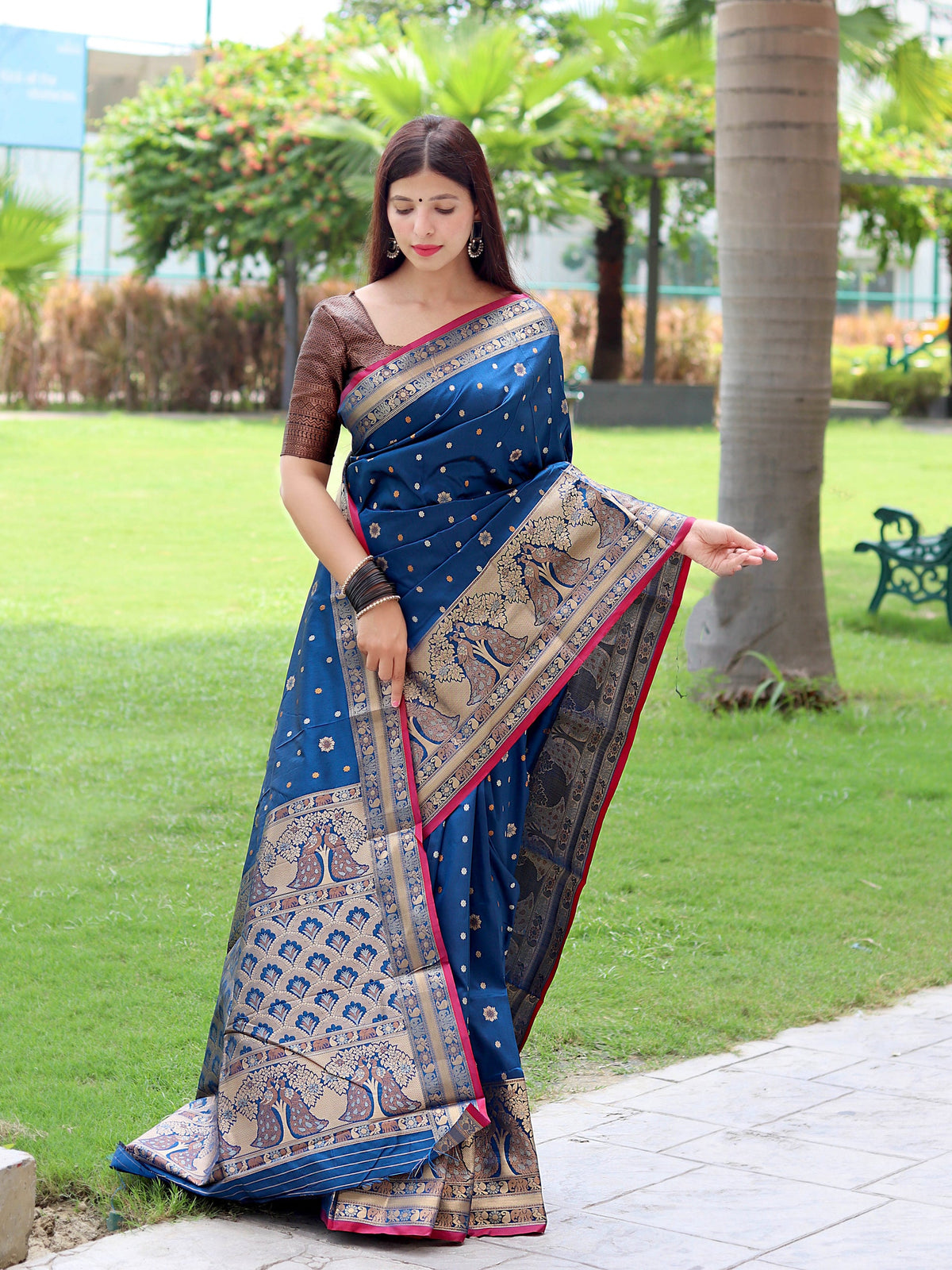 Sangam Soft Silk Saree Three Colored Zari Woven Saree Dusk Blue Clothsvilla Main image