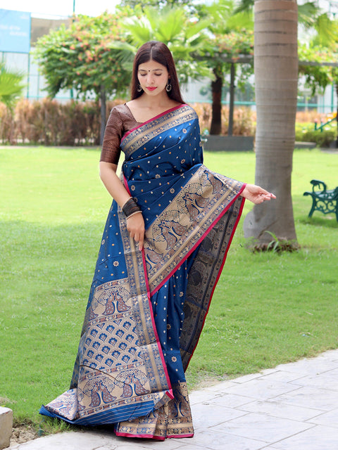 Sangam Soft Silk Saree Three Colored Zari Woven Saree Dusk Blue Clothsvilla Main image