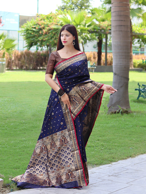Sangam Soft Silk Saree Three Colored Zari Woven Dark Blue Clothsvilla Main image