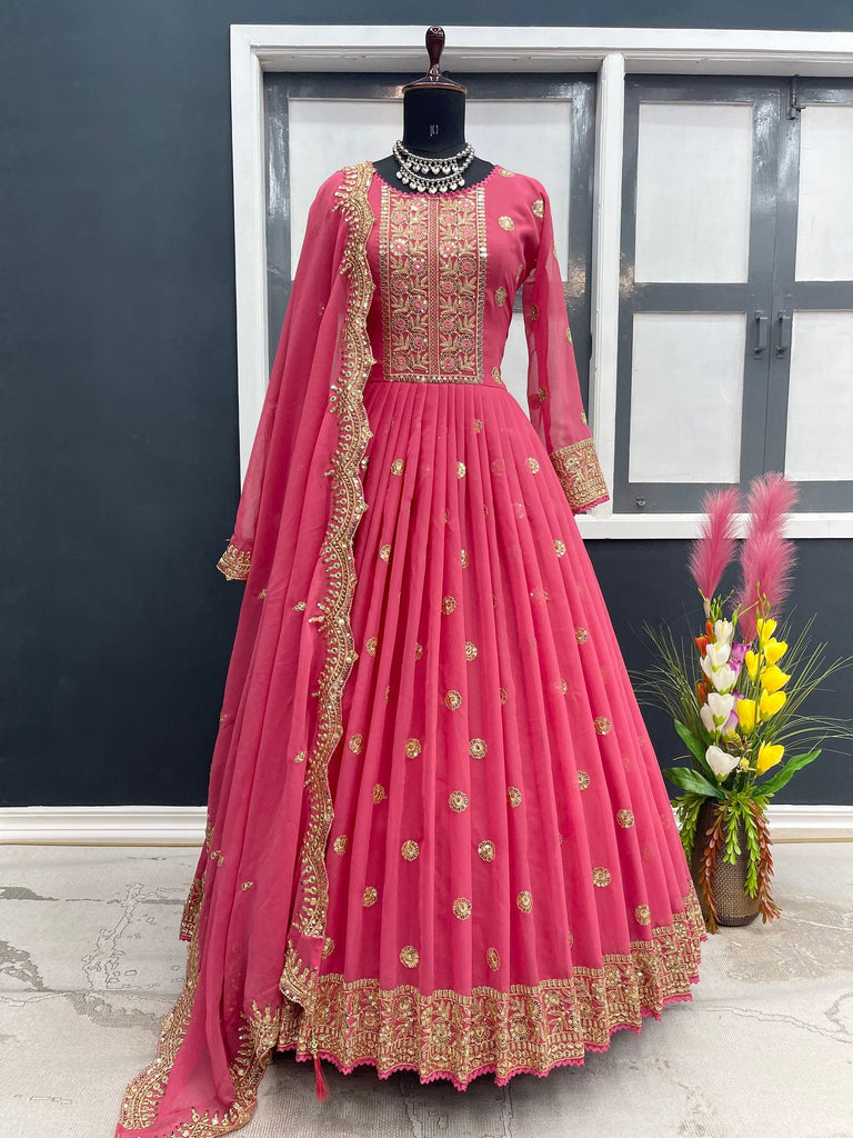 Designer Pink Color Embroidery Work Gown Clothsvilla