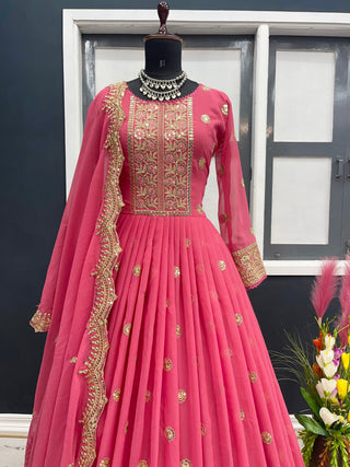 Designer Pink Color Embroidery Work Gown Clothsvilla