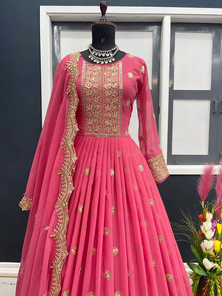 Designer Pink Color Embroidery Work Gown Clothsvilla