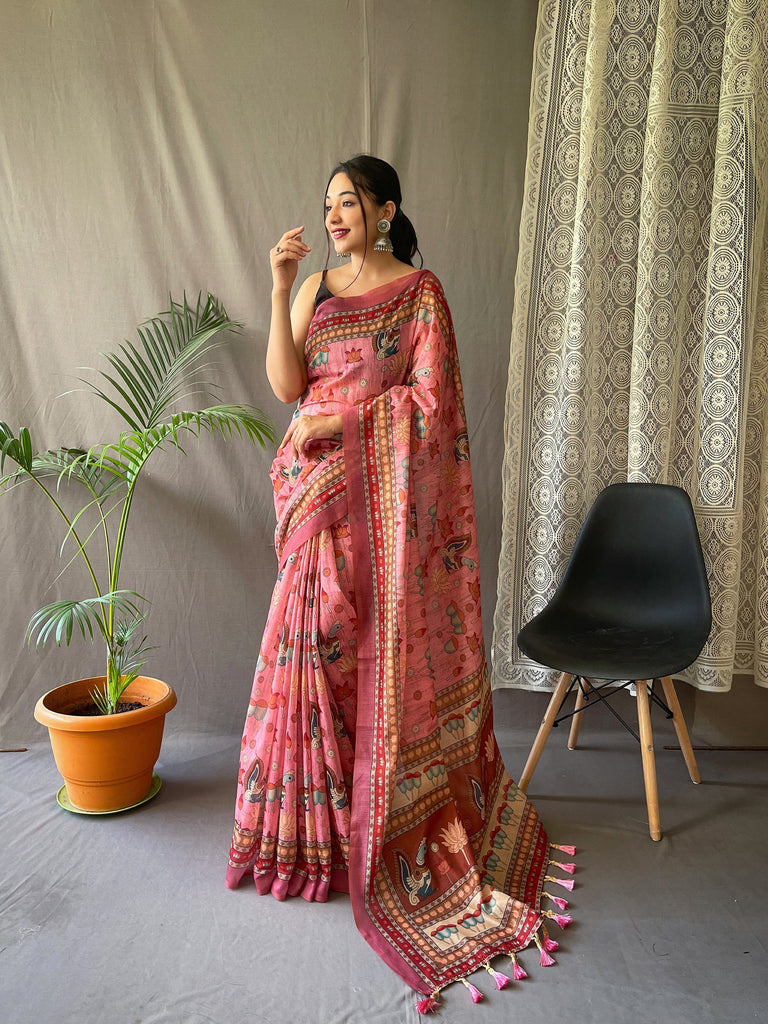 Kadambari Cotton Kalamkari Printed Saree Pink Clothsvilla