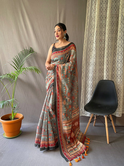 Kadambari Cotton Kalamkari Printed Saree Greenish Grey Clothsvilla Main image