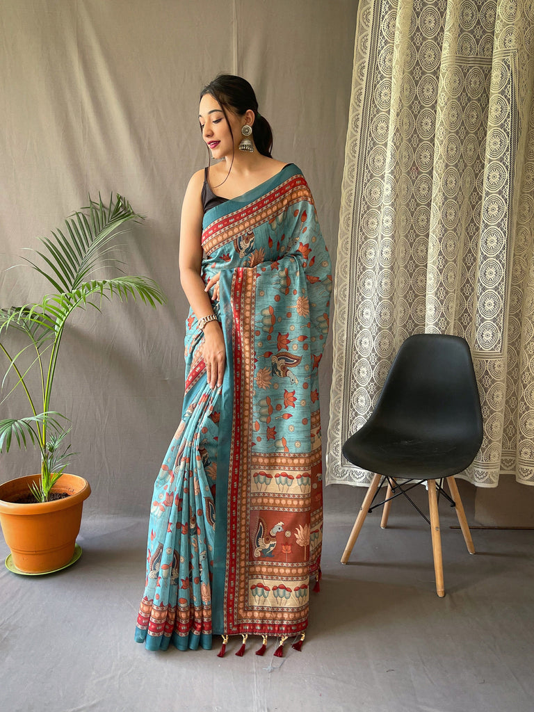 Kadambari Cotton Kalamkari Printed Saree Blue Clothsvilla