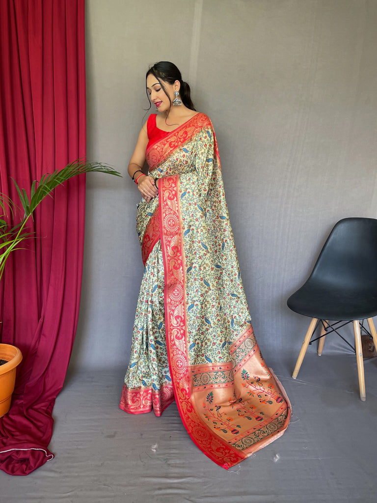 Kohinoor Kalamkari Gala Paithani Printed Fusion Woven Saree Pista Clothsvilla