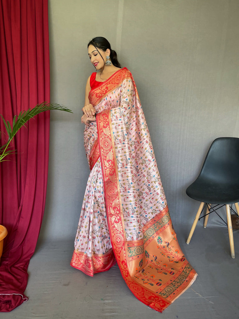 Kohinoor Kalamkari Gala Paithani Printed Fusion Woven Saree Light Pink Clothsvilla