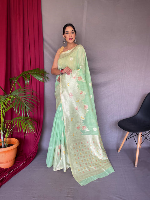 Ladli Cotton Slub Minakari Woven Saree Light Green Clothsvilla Main image