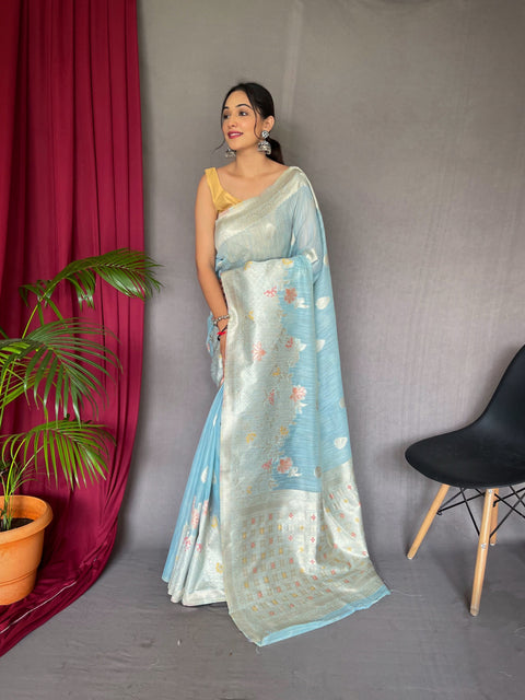 Ladli Cotton Slub Minakari Woven Saree Powder Blue Clothsvilla Main image