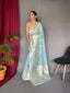 Ladli Cotton Slub Minakari Woven Saree Powder Blue Clothsvilla