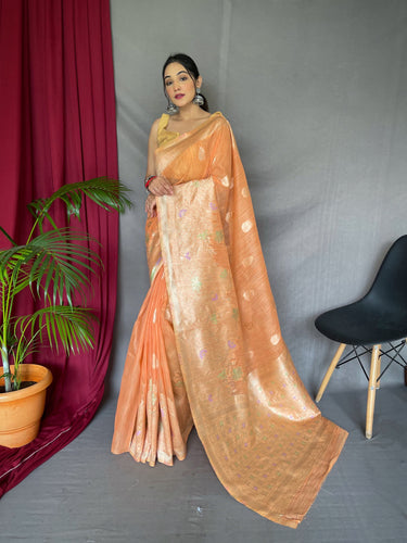 Ladli Cotton Slub Minakari Woven Saree Peach Orange Clothsvilla
