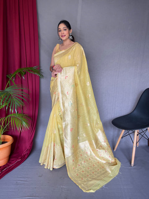 Ladli Cotton Slub Minakari Woven Saree Yellow Clothsvilla Main image