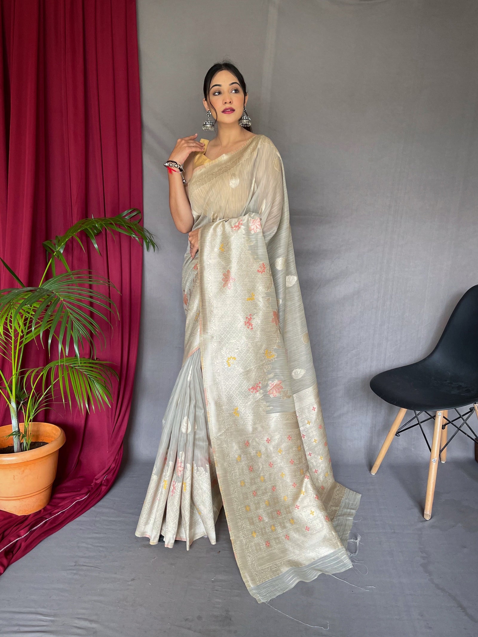 Ladli Cotton Slub Minakari Woven Saree Grey Clothsvilla