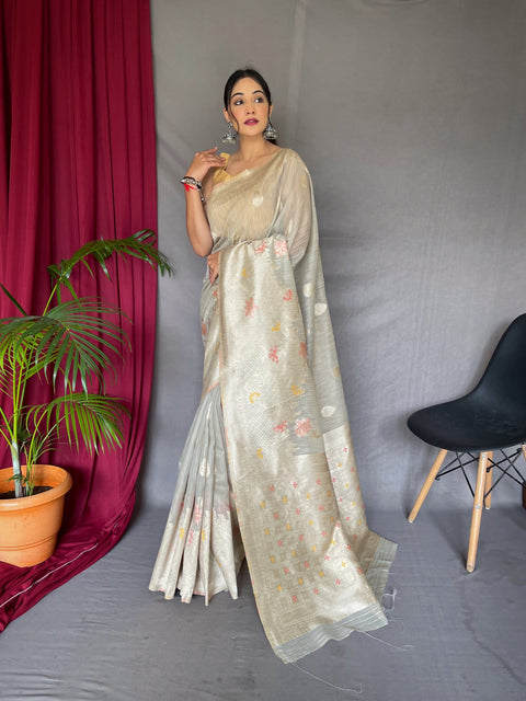 Ladli Cotton Slub Minakari Woven Saree Grey Clothsvilla Main image