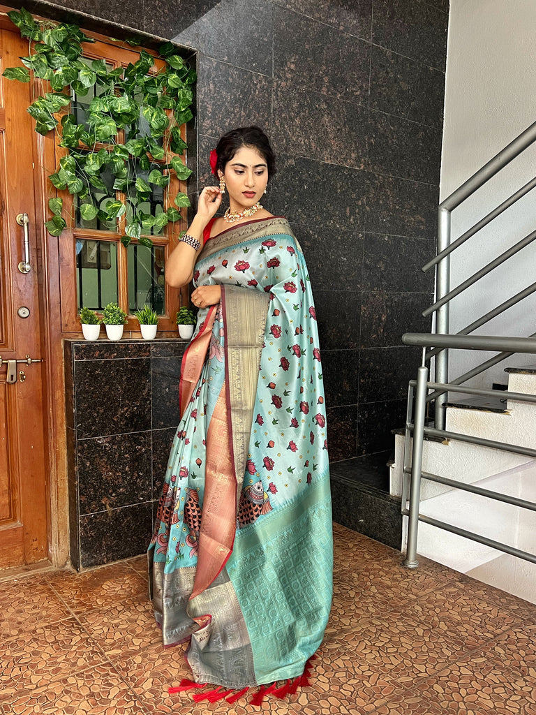 Gala Floral Kalamkari Printed Woven Saree Sky Blue Clothsvilla