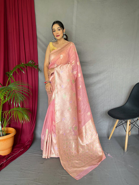 Ladli Cotton Slub Minakari Woven Saree Pink Clothsvilla Main image