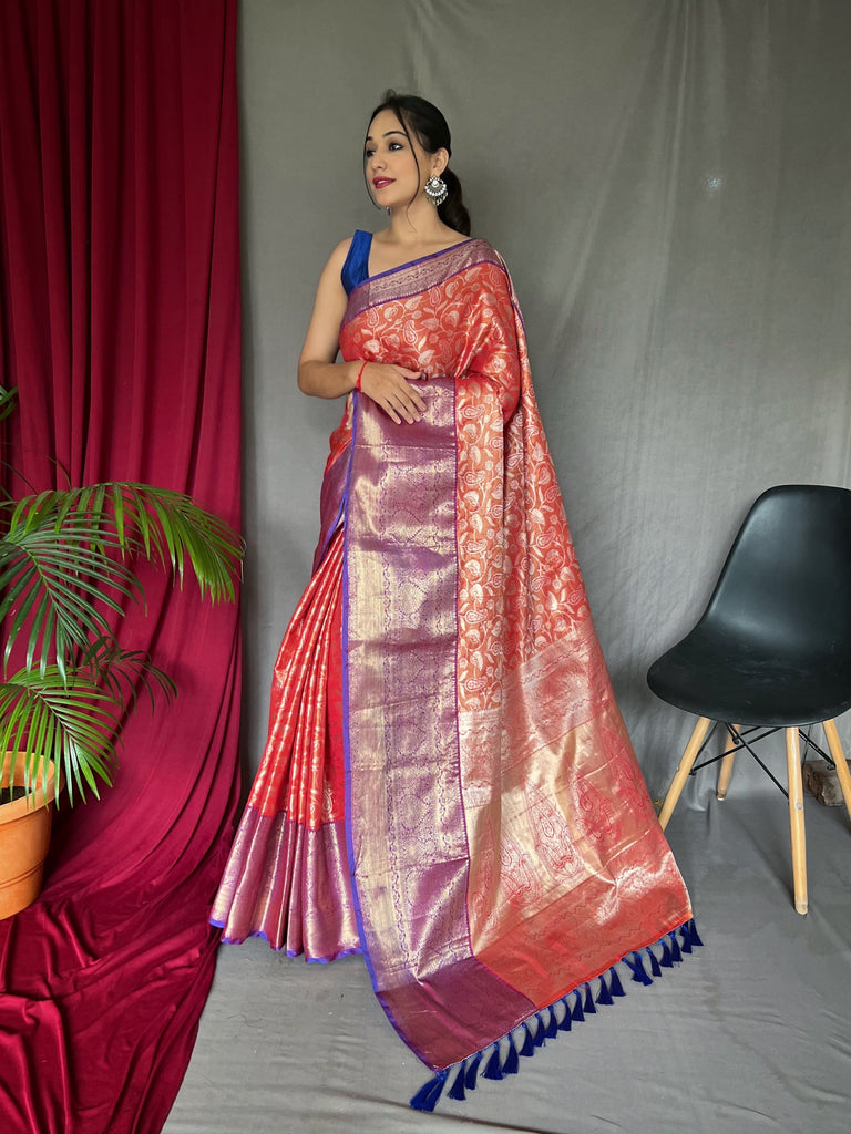 Kanjeevaram Silk Jaal Woven Saree Indian Red Clothsvilla