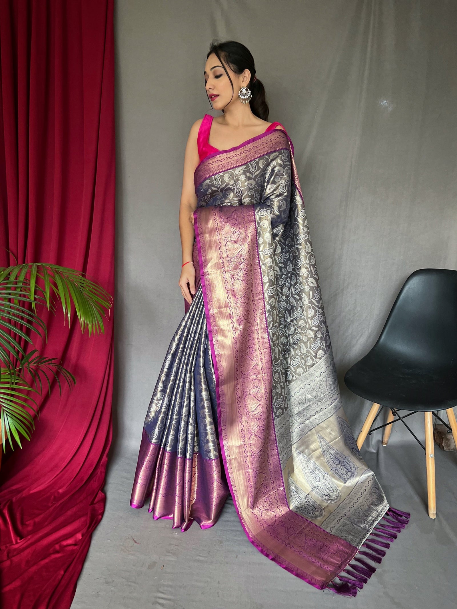 Smokey Grey Saree in Kanjeevaram Silk Clothsvilla