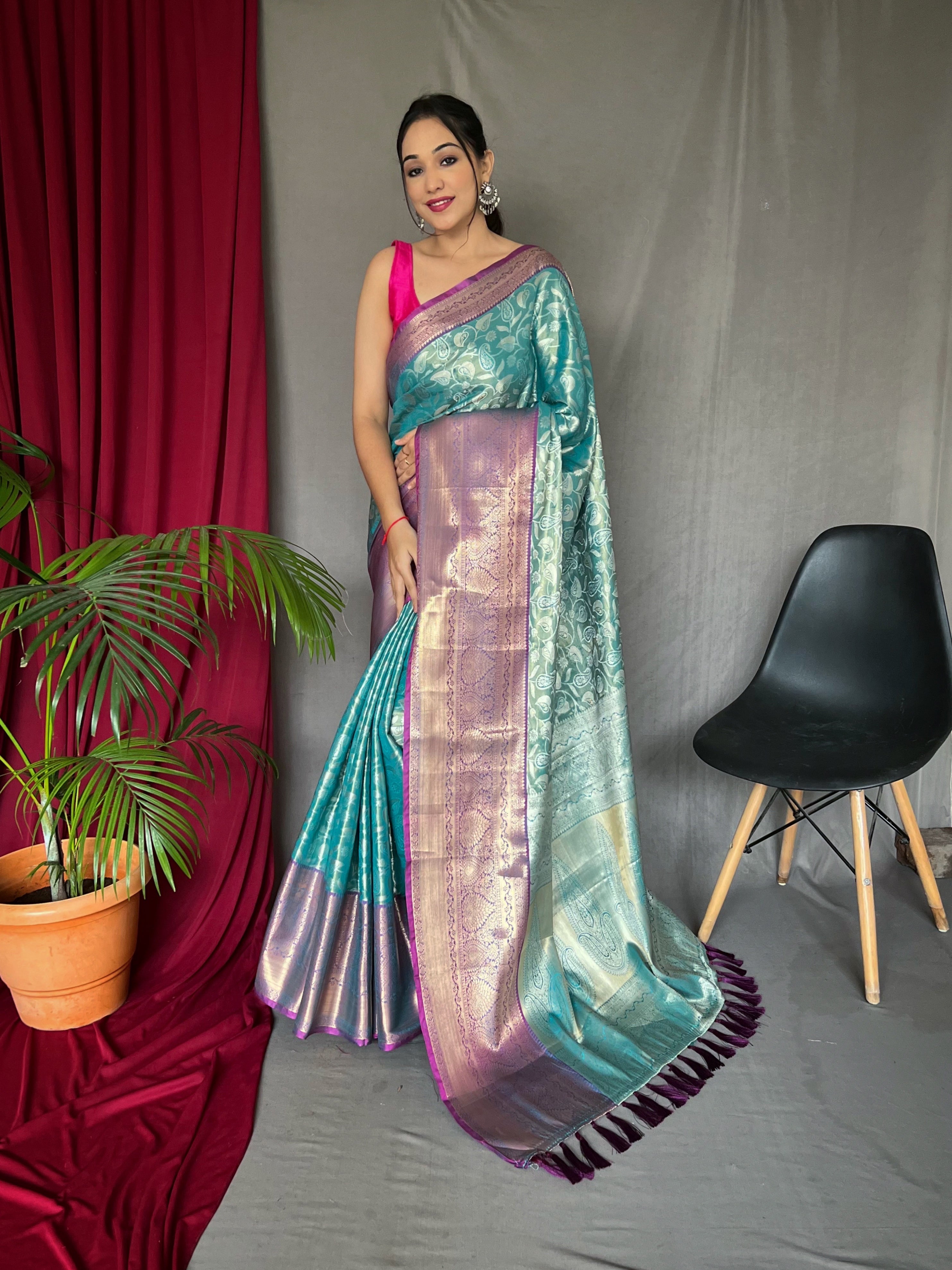 Kanjeevaram Silk Jaal Woven Saree Sea Green Clothsvilla