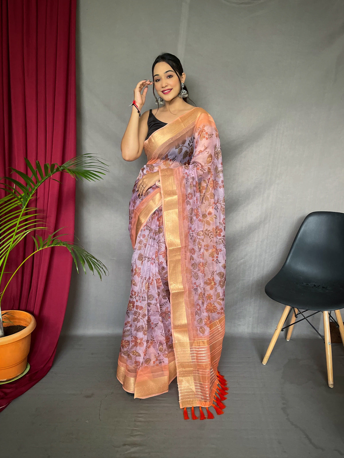 Organza Floral Printed with Sequins Jacquard Woven Saree Pinkish Purple Clothsvilla Main image