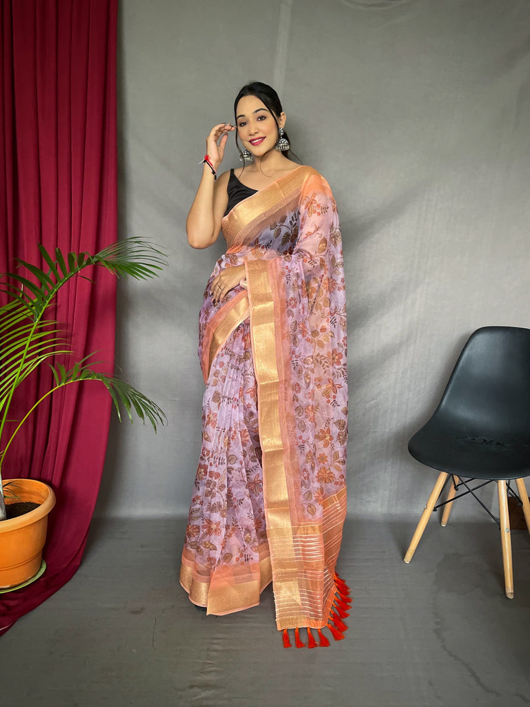 Organza Floral Printed with Sequins Jacquard Woven Saree Pinkish Purple Clothsvilla