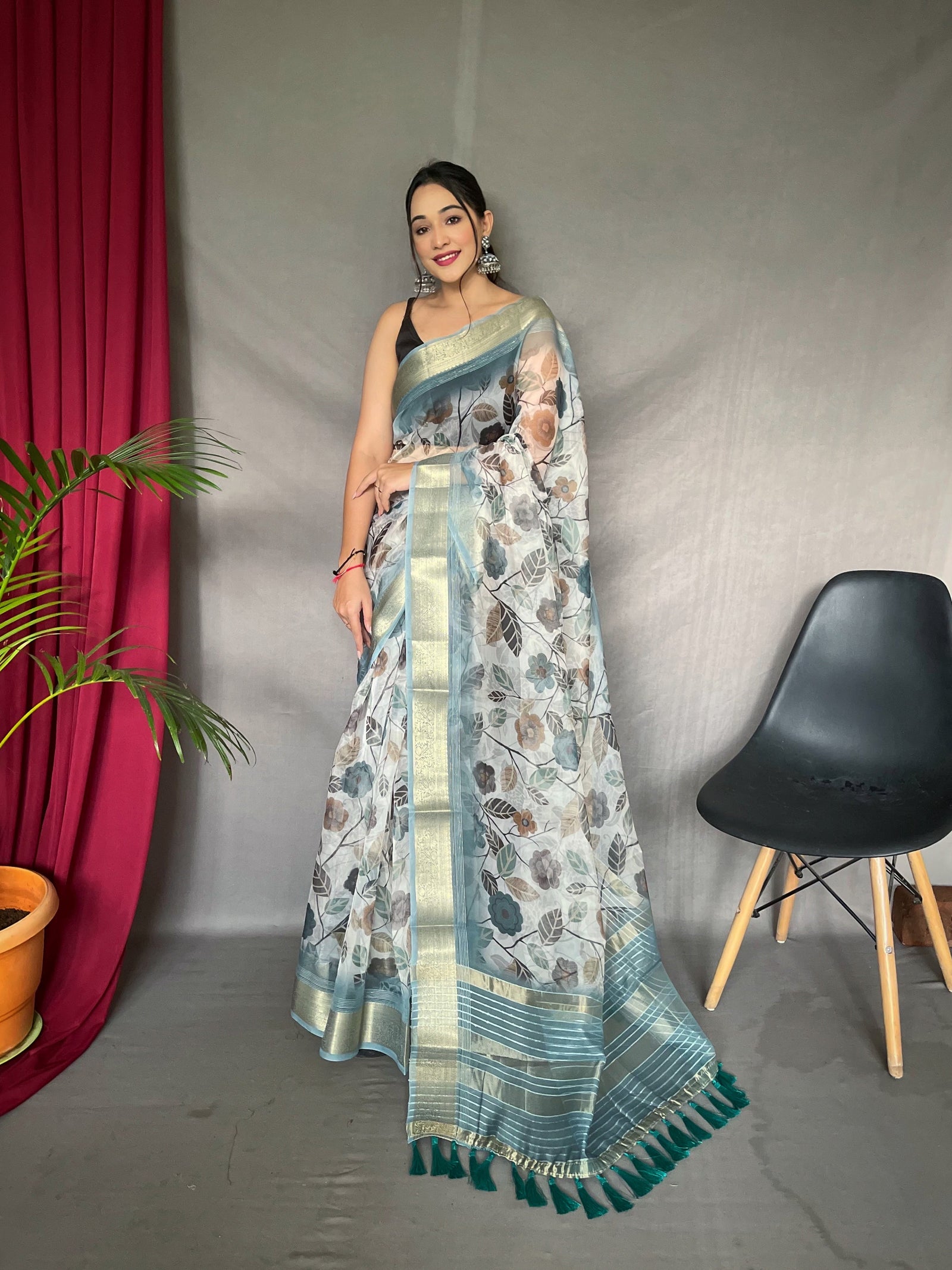 Organza Floral Printed with Sequins Jacquard Woven Saree White Clothsvilla