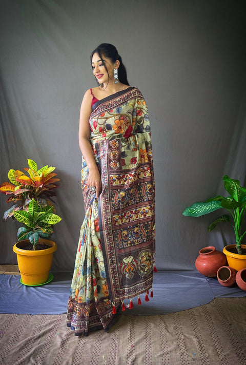 Cotton Kalamkari Printed Saree Olive Green Clothsvilla Main image